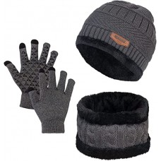 Gray 3 PCS Beanie Hat Gloves Scarf for Women and Men Oversize Winter Beanie,Warm Fleece Lined Touchscreen Gloves Hat Scarf Set 