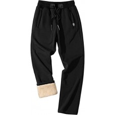 black Men's Winter Fleece Pants Heavyweight Warm Sherpa Lined Sweatpants Running Jogger Pants with Pockets