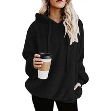 Black Women's Fuzzy Hoodies Sport Pullover Hoodie Athletic Cozy Oversized Pockets Hooded Sweatshirt Fleece Hoodies