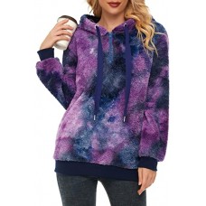 Y Blue Purple Tie Dye Women's Fuzzy Hoodies Sport Pullover Hoodie Athletic Cozy Oversized Pockets Hooded Sweatshirt Fleece Hoodies